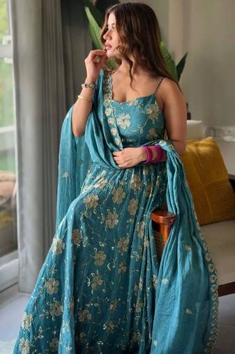 Teal silk blend embroidered anarkali set
