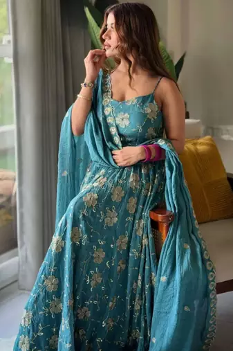Teal silk blend embroidered anarkali set
