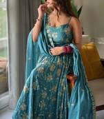 Teal silk blend embroidered anarkali set