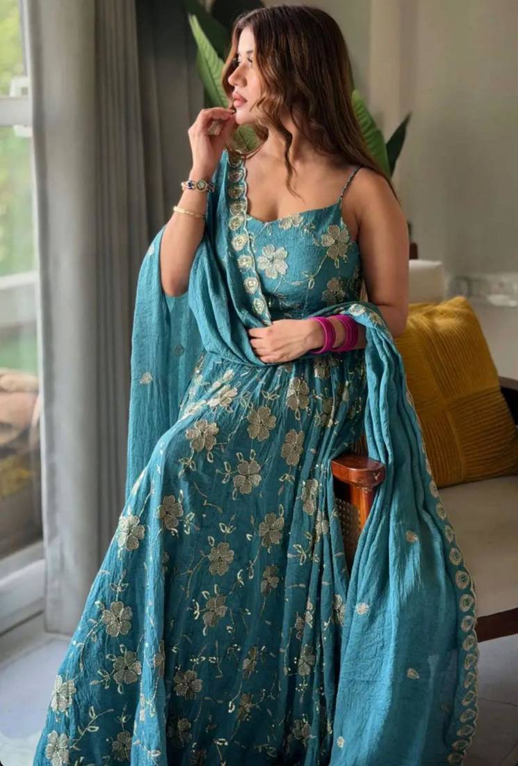 Teal silk blend embroidered anarkali set