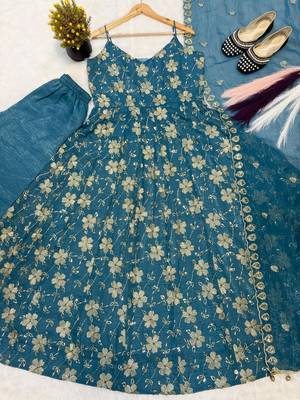 Teal silk blend embroidered anarkali set 4