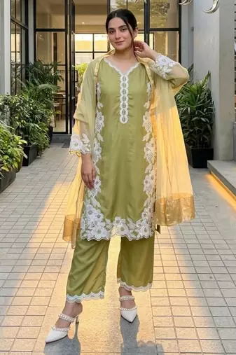 Olive silk blend embroidered palazzo set