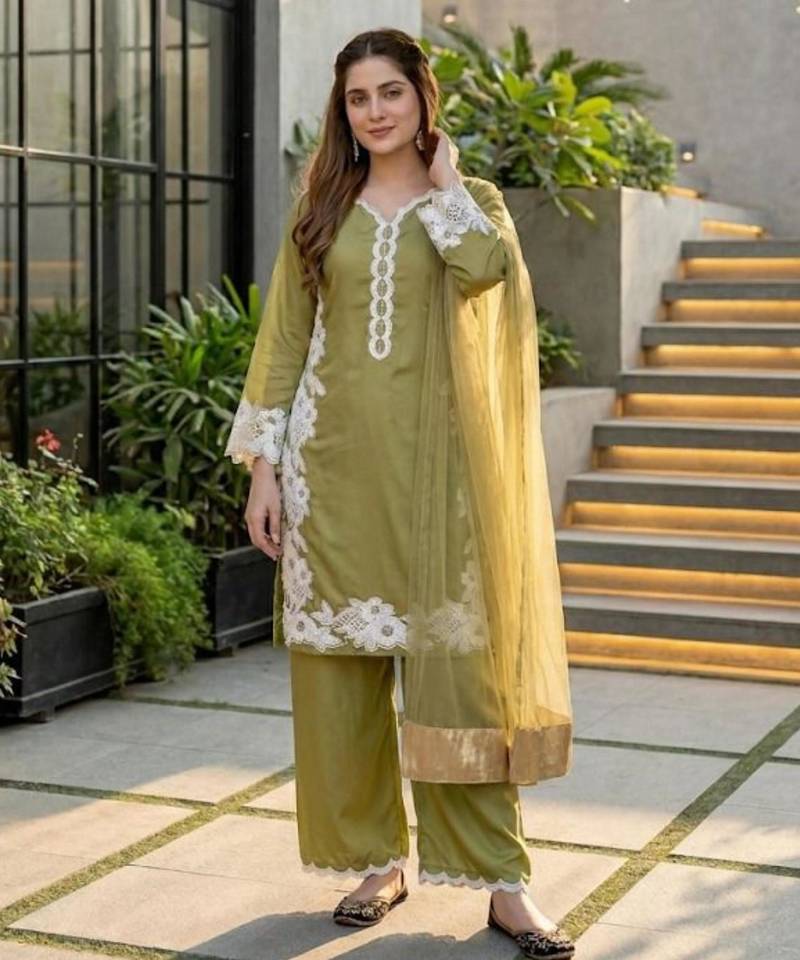 Olive silk blend embroidered palazzo set