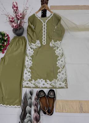 Olive silk blend embroidered palazzo set 4