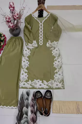 Olive silk blend embroidered palazzo set