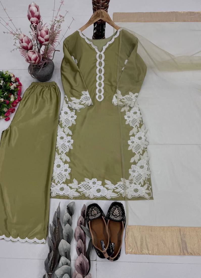 Olive silk blend embroidered palazzo set