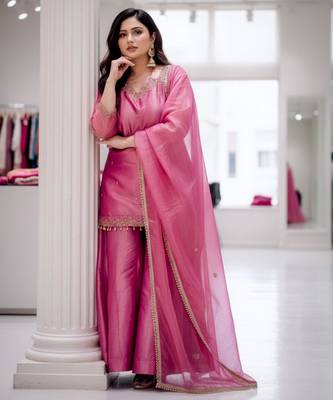 Pink silk blend embroidered sharara set 1