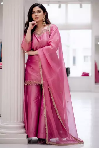 Pink silk blend embroidered sharara set