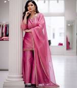 Pink silk blend embroidered sharara set