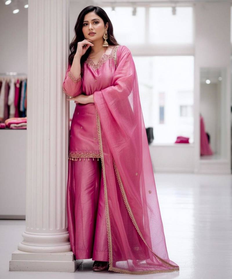 Pink silk blend embroidered sharara set