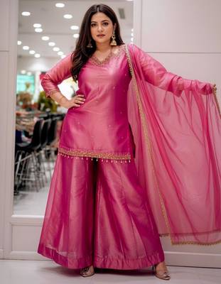 Pink silk blend embroidered sharara set 2
