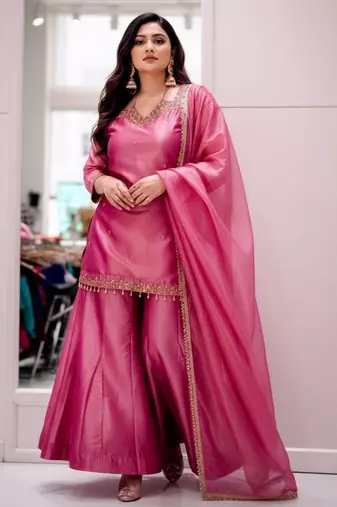 Pink silk blend embroidered sharara set