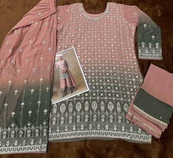 Peach georgette free size stitched suit with mirror & embroidery work 4