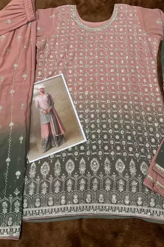 Peach georgette free size stitched suit with mirror & embroidery work