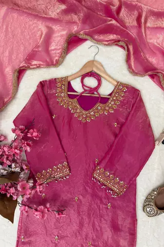 Pink silk blend embroidered sharara set