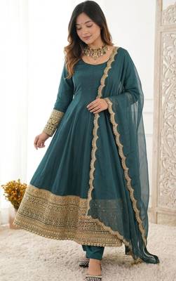 Teal crepe embroidered anarkali set 1