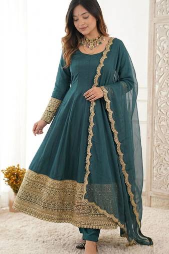 Teal crepe embroidered anarkali set