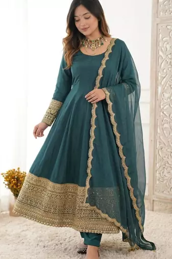 Teal crepe embroidered anarkali set