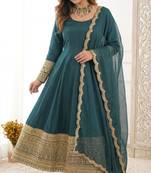 Teal crepe embroidered anarkali set