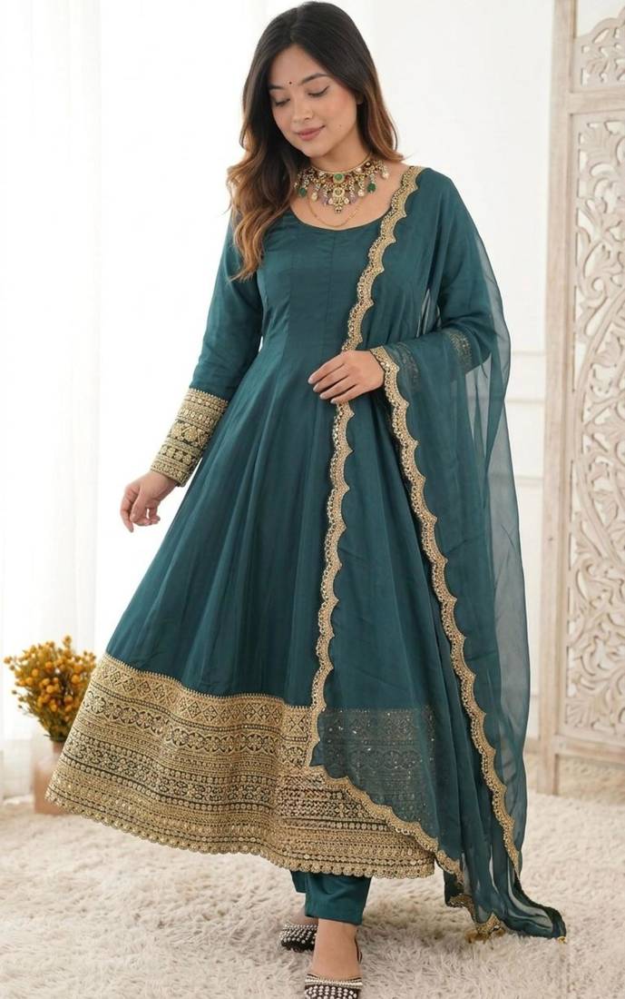 Teal crepe embroidered anarkali set