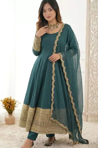 Teal crepe embroidered anarkali set