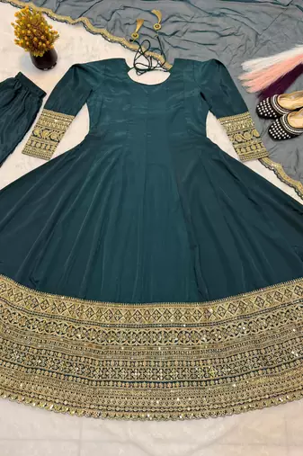Teal crepe embroidered anarkali set
