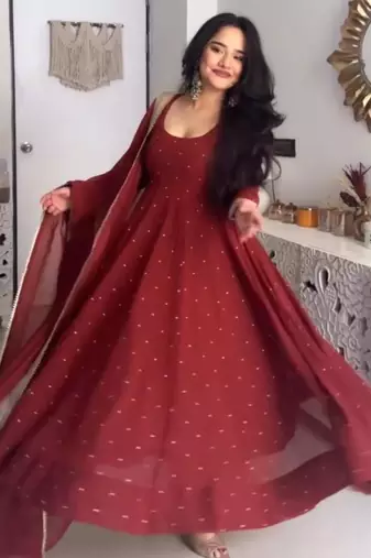 Maroon faux georgette plain gown set