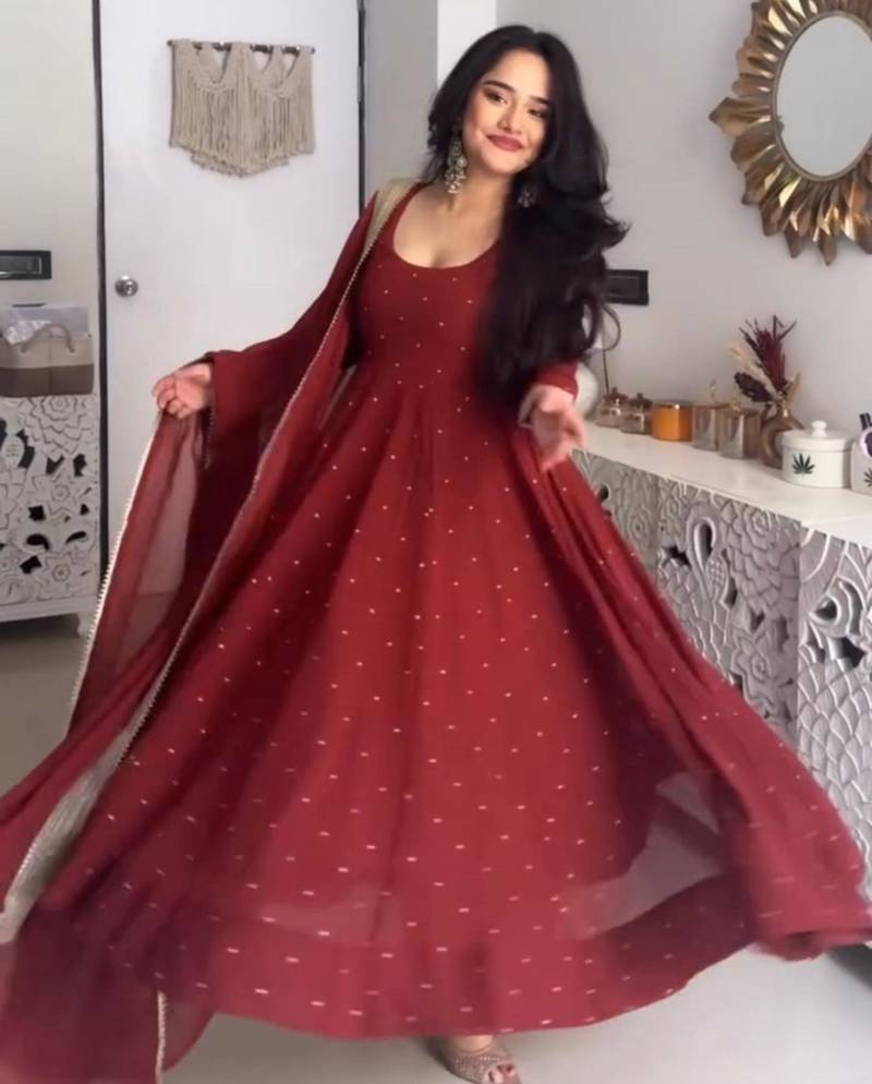 Maroon faux georgette plain gown set