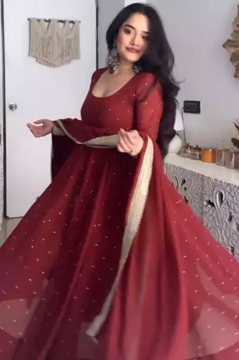 Maroon faux georgette plain gown set