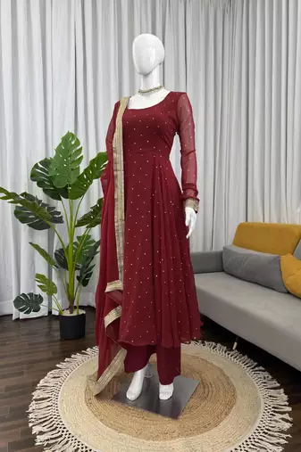 Maroon faux georgette plain gown set