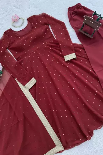 Maroon faux georgette plain gown set