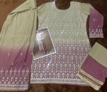 Beige georgette free size stitched suit with mirror & embroidery work 4