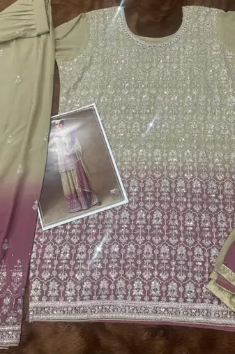 Beige georgette free size stitched suit with mirror & embroidery work