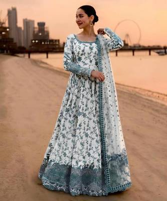 Teal faux georgette embroidered gown set 2