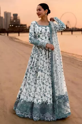 Teal faux georgette embroidered gown set