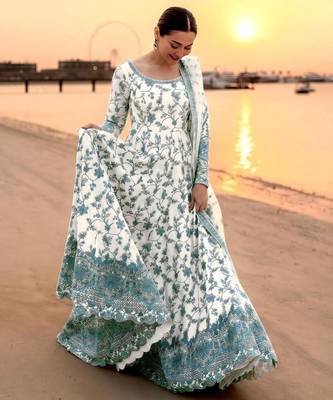 Teal faux georgette embroidered gown set 3