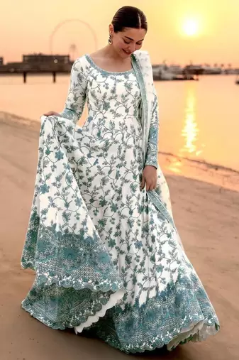 Teal faux georgette embroidered gown set