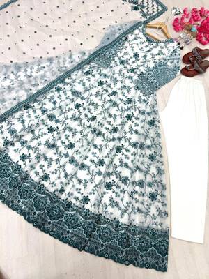 Teal faux georgette embroidered gown set 4