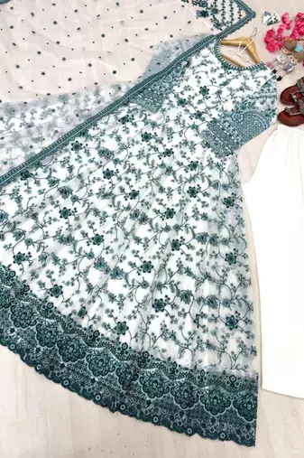 Teal faux georgette embroidered gown set