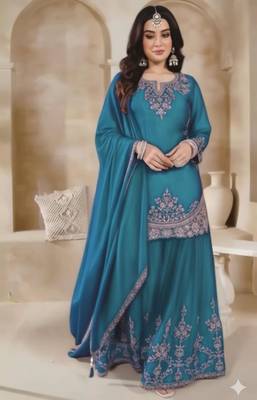 Teal silk blend embroidered sharara set 1