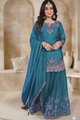 Teal silk blend embroidered sharara set