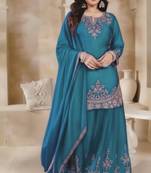 Teal silk blend embroidered sharara set