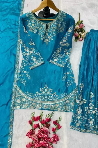 Teal silk blend embroidered sharara set