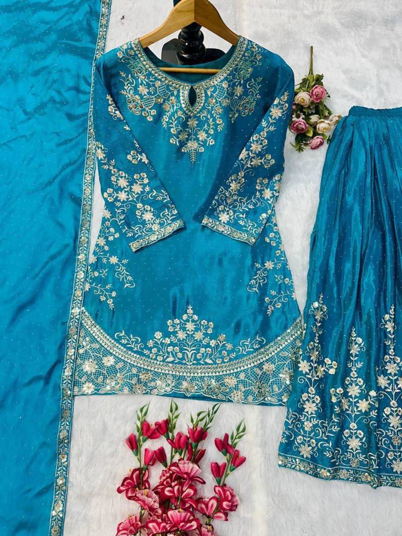Teal silk blend embroidered sharara set