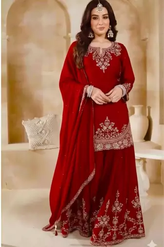 Red silk blend embroidered sharara set