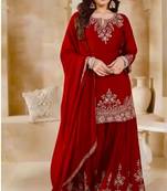 Red silk blend embroidered sharara set