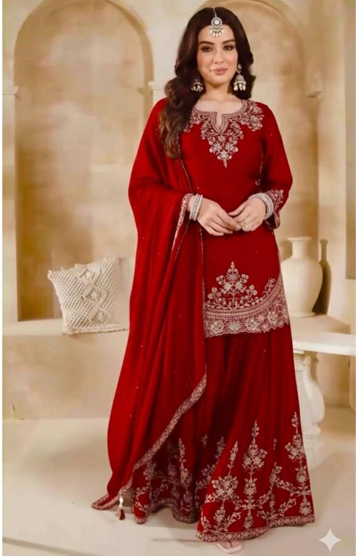 Red silk blend embroidered sharara set