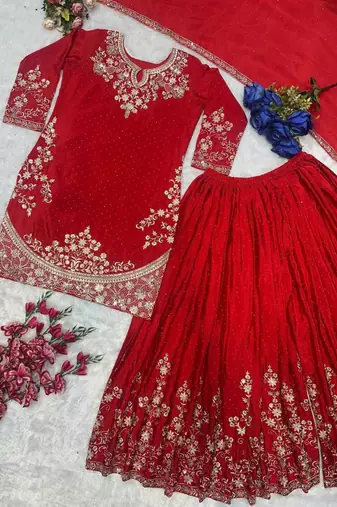 Red silk blend embroidered sharara set