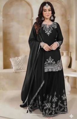 Black silk blend embroidered sharara set 1