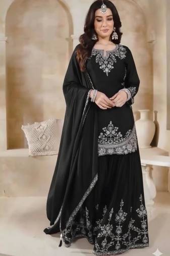 Black silk blend embroidered sharara set
